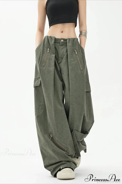 Army Green Parachute High Waist Loose Cargo Pants