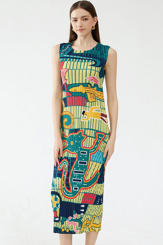 Graphic Print Pleated Crew Neck Sleeveless Column Midi Dress