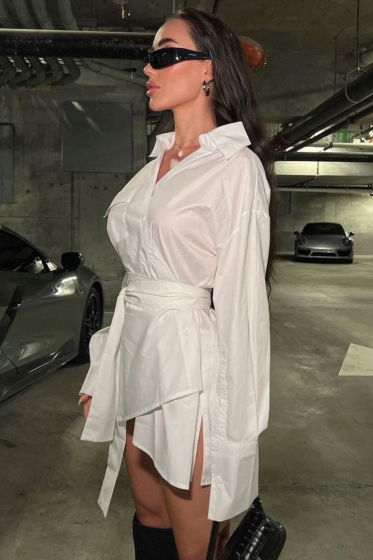 Button Front Long Sleeve Belted Wrap Shirt Mini Dress