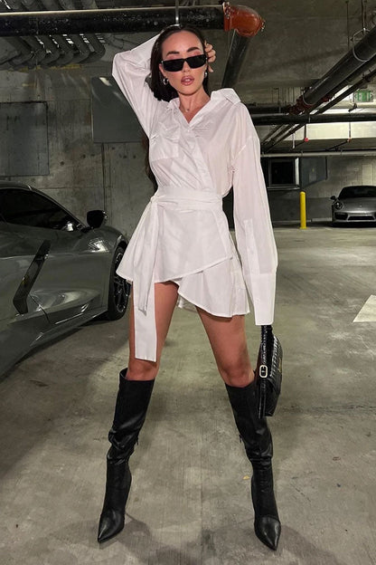 Button Front Long Sleeve Belted Wrap Shirt Mini Dress