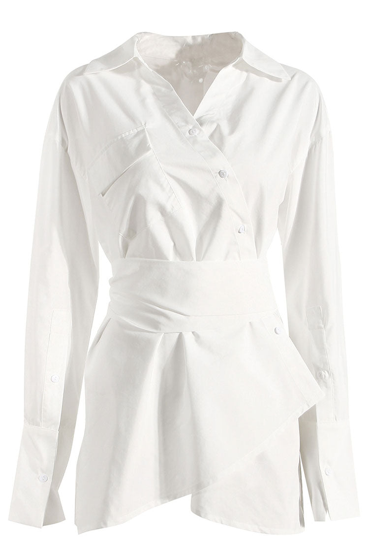 Button Front Long Sleeve Belted Wrap Shirt Mini Dress