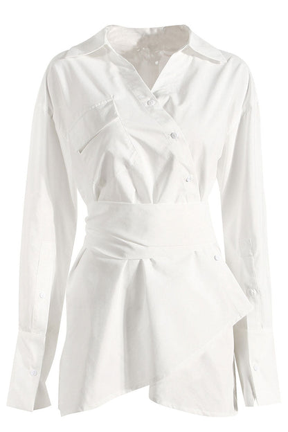 Button Front Long Sleeve Belted Wrap Shirt Mini Dress