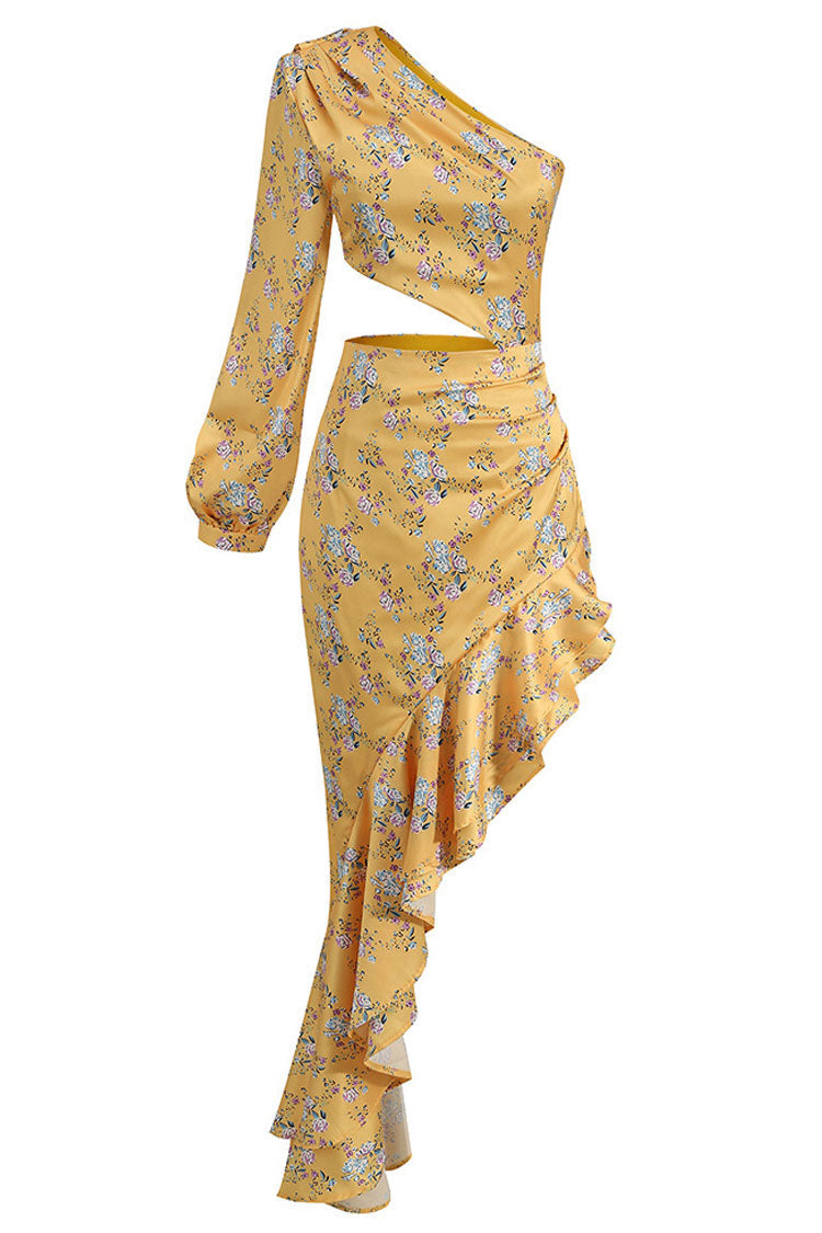 One Shoulder Bishop Sleeve Floral Print Cut Out Ruffle High Low Midi Dress