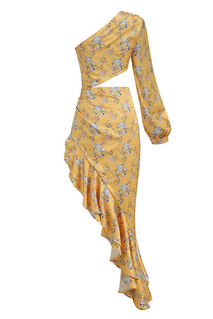 One Shoulder Bishop Sleeve Floral Print Cut Out Ruffle High Low Midi Dress