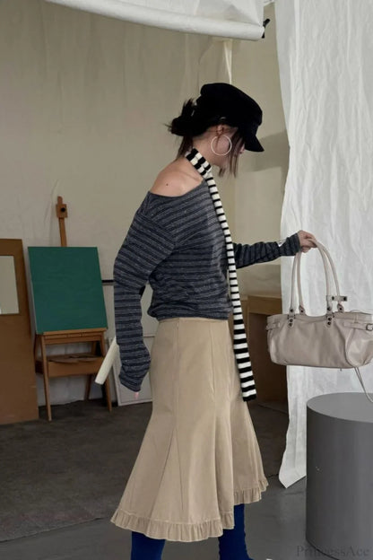 Asymmetric Shoulder Striped Color Block Reversible Long Sleeve Tee