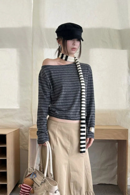 Asymmetric Shoulder Striped Color Block Reversible Long Sleeve Tee