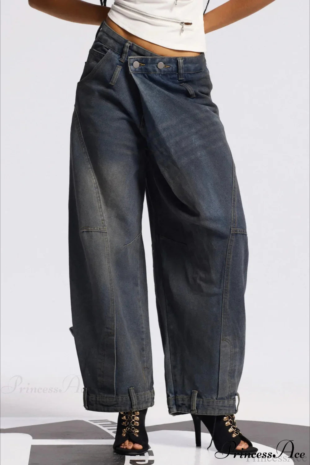 Asymmetric Waist Washed Low Waist Flare Wide Leg Jeans