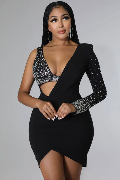 Single Sleeve Rhinestone Bust Side Cutout Wrap Front Bodycon Mini Dress
