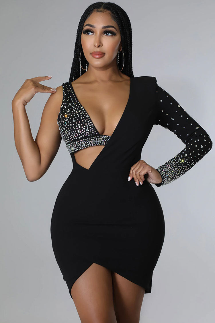 Single Sleeve Rhinestone Bust Side Cutout Wrap Front Bodycon Mini Dress