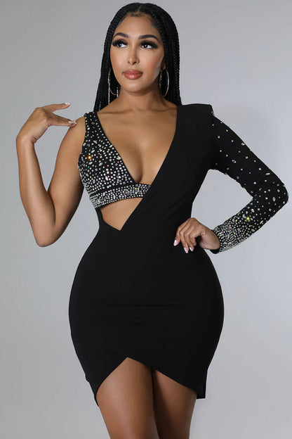 Single Sleeve Rhinestone Bust Side Cutout Wrap Front Bodycon Mini Dress