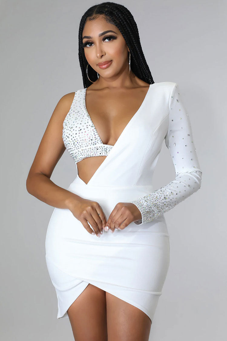 Asymmetrical One Sleeve Rhinestone Cup Cutout Tulip Hem Mini Dress