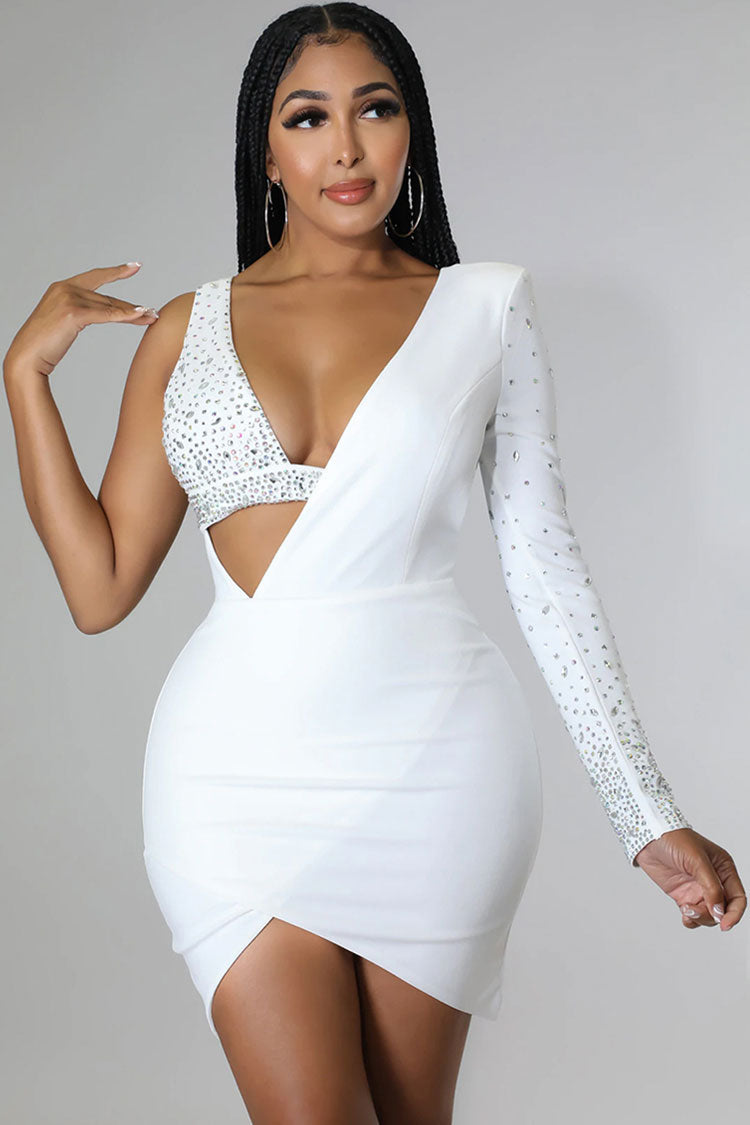 Asymmetrical One Sleeve Rhinestone Cup Cutout Tulip Hem Mini Dress