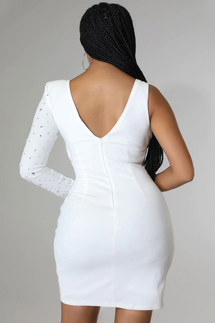 Asymmetrical One Sleeve Rhinestone Cup Cutout Tulip Hem Mini Dress