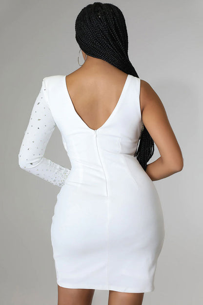 Asymmetrical One Sleeve Rhinestone Cup Cutout Tulip Hem Mini Dress