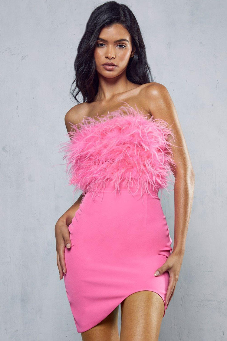 Strapless Ostrich Feather Bandeau Asymmetric Wrap Tulip Hem Bodycon Mini Dress