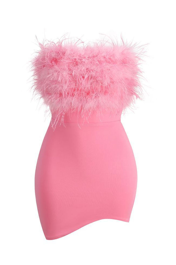 Strapless Ostrich Feather Bandeau Asymmetric Wrap Tulip Hem Bodycon Mini Dress
