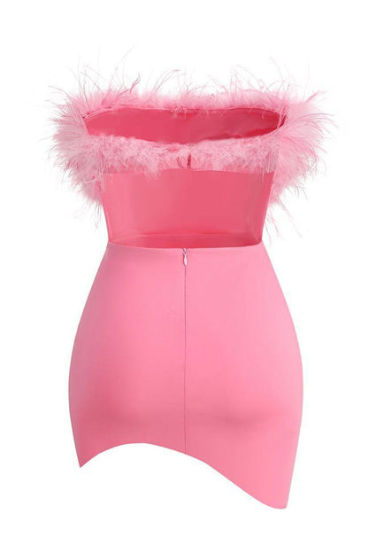 Strapless Ostrich Feather Bandeau Asymmetric Wrap Tulip Hem Bodycon Mini Dress