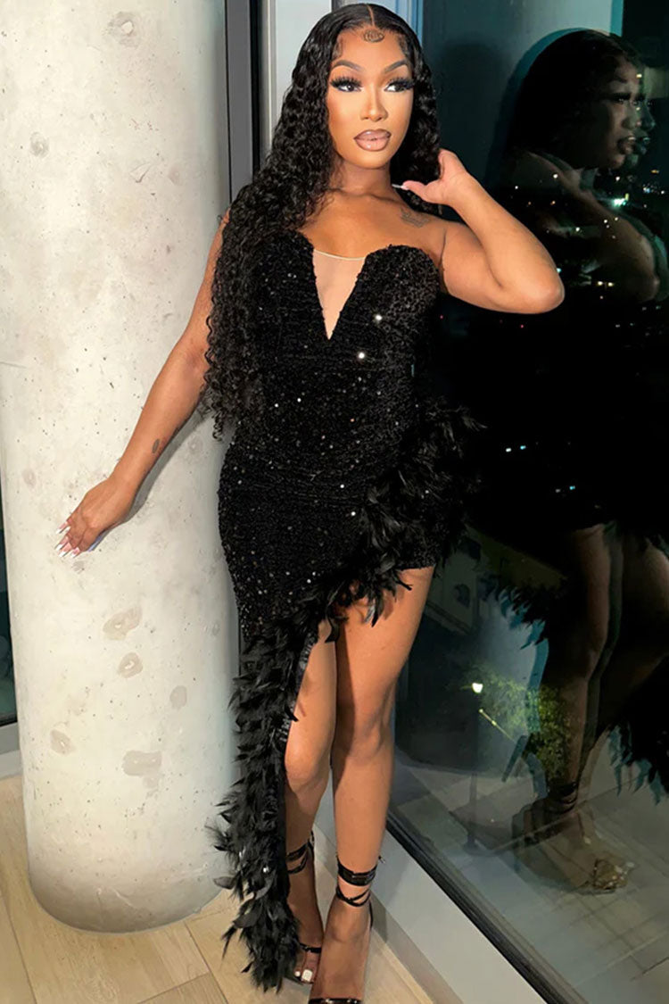 Strapless Sequin Sweetheart Mesh Inset Feather Trim Asymmetrical Train Mini Gown