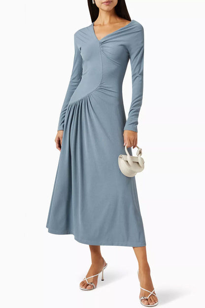 Asymmetrical Gathered V-Neck Long Sleeve Rib-Knit Draped Midi Dress