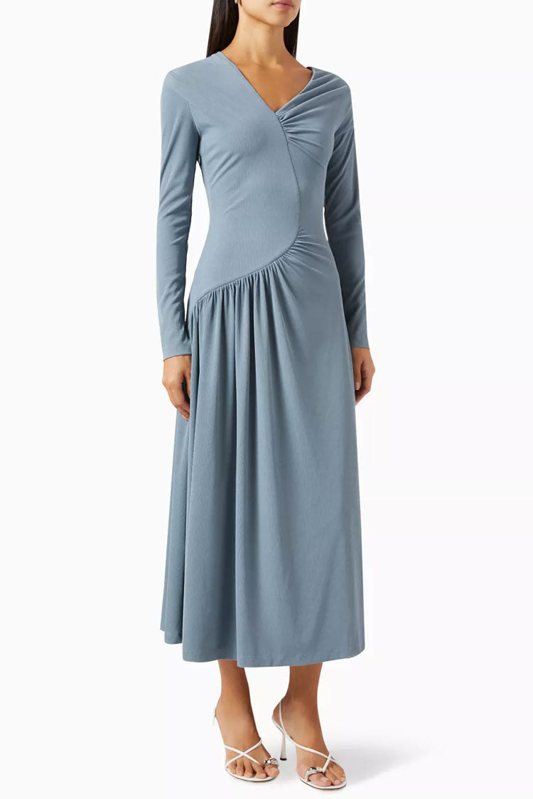 Asymmetrical Gathered V-Neck Long Sleeve Rib-Knit Draped Midi Dress