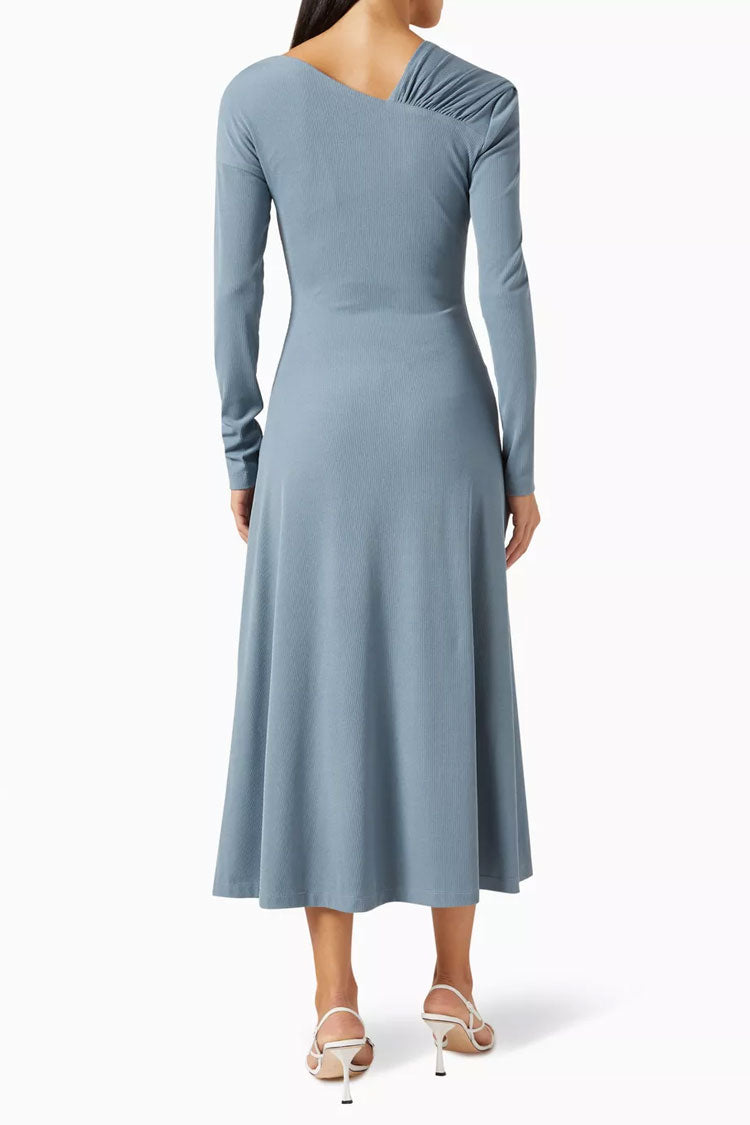 Asymmetrical Gathered V-Neck Long Sleeve Rib-Knit Draped Midi Dress