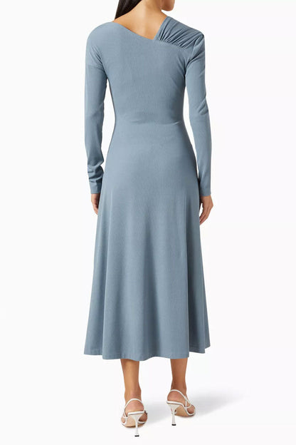 Asymmetrical Gathered V-Neck Long Sleeve Rib-Knit Draped Midi Dress