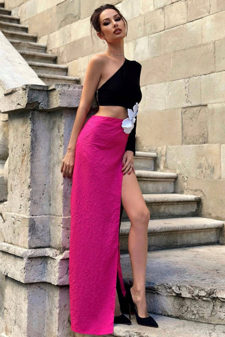 One Shoulder Long Sleeve 3D Floral Applique High Split Two-Piece Set
