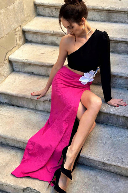 One Shoulder Long Sleeve 3D Floral Applique High Split Two-Piece Set