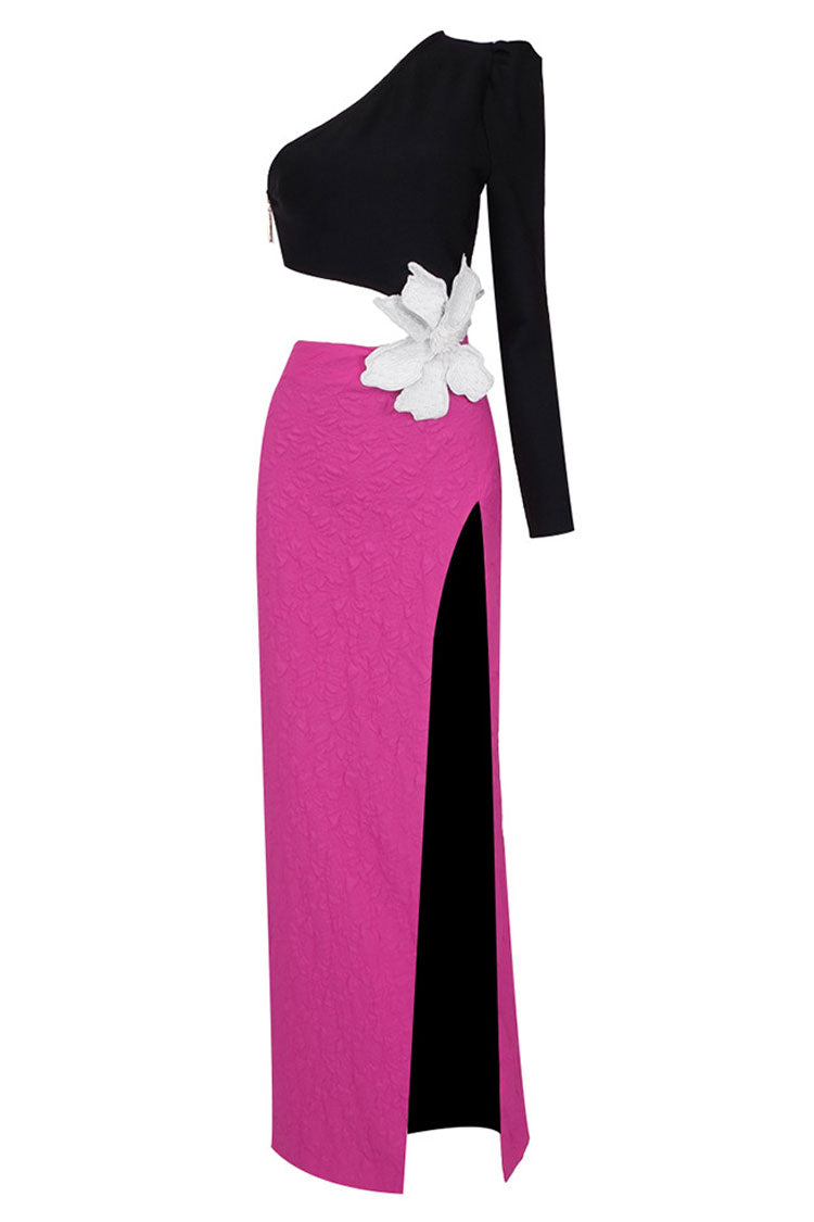 One Shoulder Long Sleeve 3D Floral Applique High Split Two-Piece Set