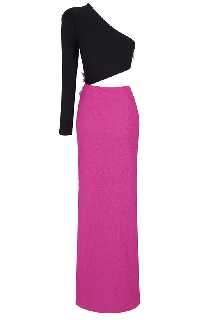 One Shoulder Long Sleeve 3D Floral Applique High Split Two-Piece Set