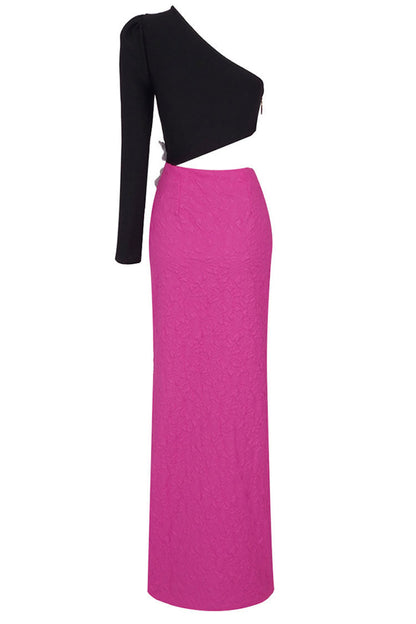 One Shoulder Long Sleeve 3D Floral Applique High Split Two-Piece Set