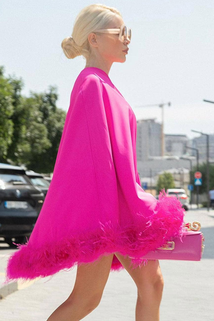 One-Shoulder Feather Trim Asymmetrical Drape Satin A-Line Mini Dress