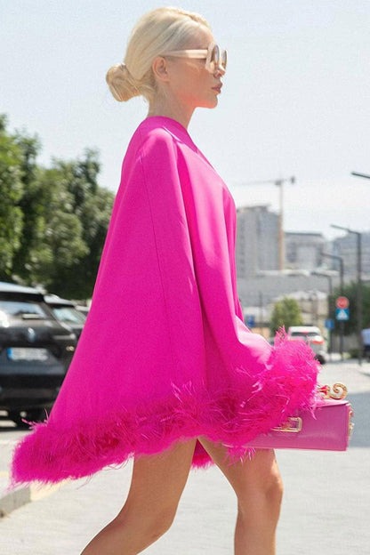 One-Shoulder Feather Trim Asymmetrical Drape Satin A-Line Mini Dress