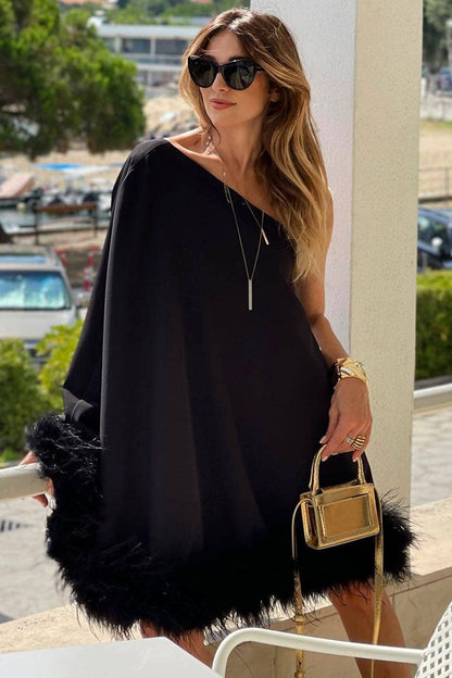 One-Shoulder Feather Trim Asymmetrical Drape Satin A-Line Mini Dress