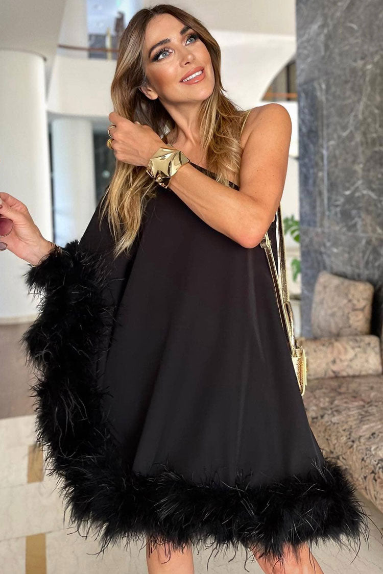 One-Shoulder Feather Trim Asymmetrical Drape Satin A-Line Mini Dress