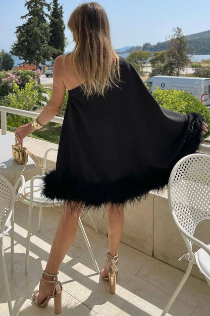 One-Shoulder Feather Trim Asymmetrical Drape Satin A-Line Mini Dress