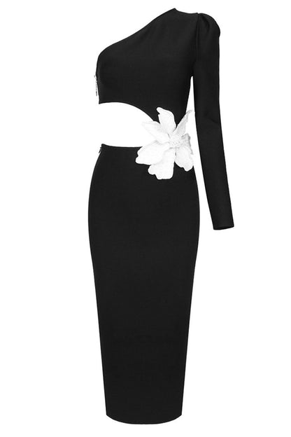 One Shoulder Long Sleeve Waist Cutout 3D Floral Applique Bodycon Midi Dress