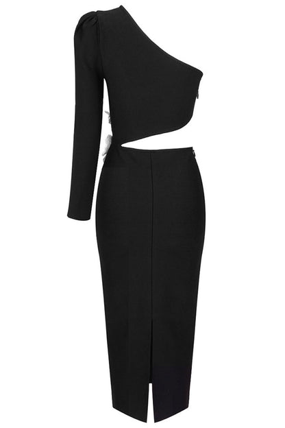One Shoulder Long Sleeve Waist Cutout 3D Floral Applique Bodycon Midi Dress