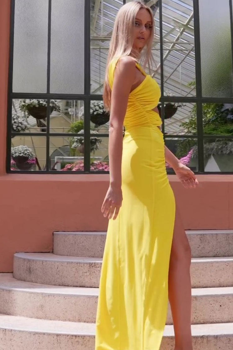 One Shoulder Twisted Bodice Double Cutout Rhinestone Buckle High Slit Maxi Dress