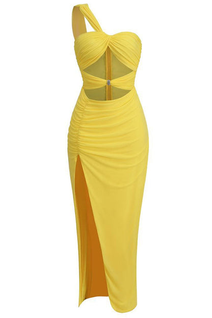 One Shoulder Twisted Bodice Double Cutout Rhinestone Buckle High Slit Maxi Dress