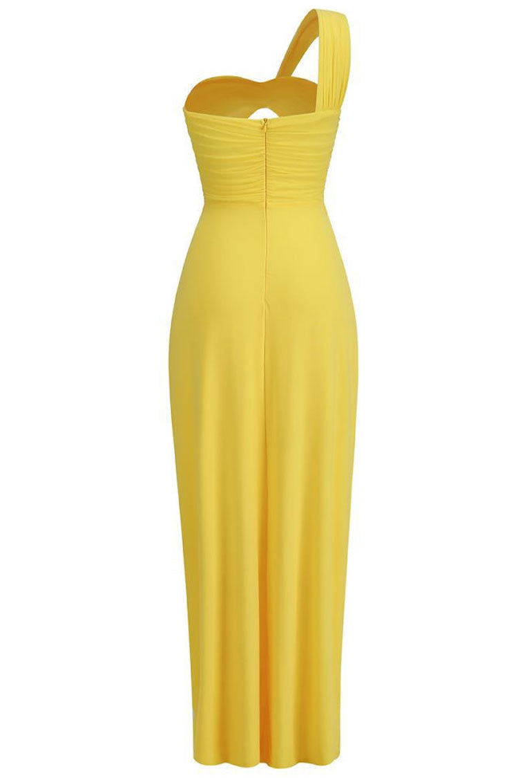 One Shoulder Twisted Bodice Double Cutout Rhinestone Buckle High Slit Maxi Dress