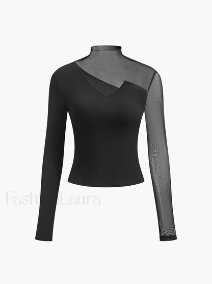 Asymmetrical Sheer Mesh Panel T-Shirt