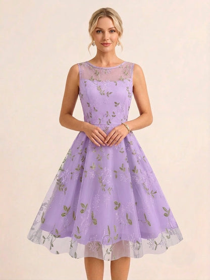 Vintage 1950s Floral Midi Dress For Women - Embroidery Mesh Illusion Neck A-Line Swing Prom Dress - Summer Cocktail 2026