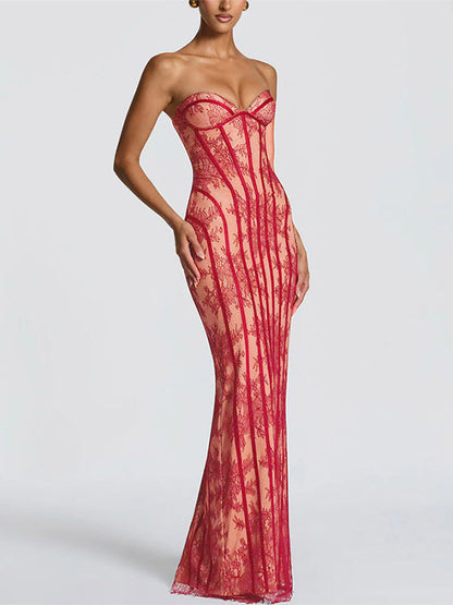 Date Night Dresses Bodycon Maxi Lace Sleeveless Backless Strapless Sexy Burgundy Dress