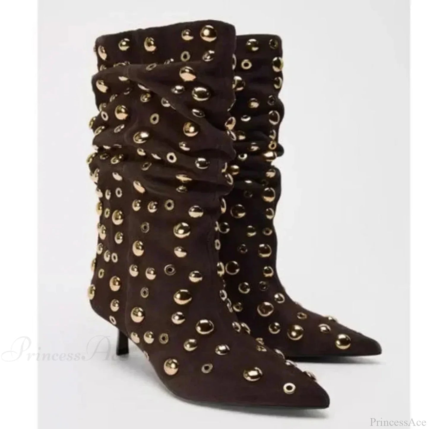 Attractive Rivet Pleated Tall Heel Pointed Gothic Boot