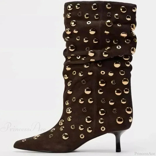 Attractive Rivet Pleated Tall Heel Pointed Gothic Boot