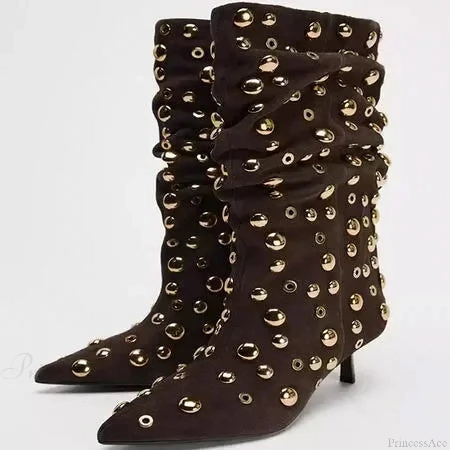 Attractive Rivet Pleated Tall Heel Pointed Gothic Boot