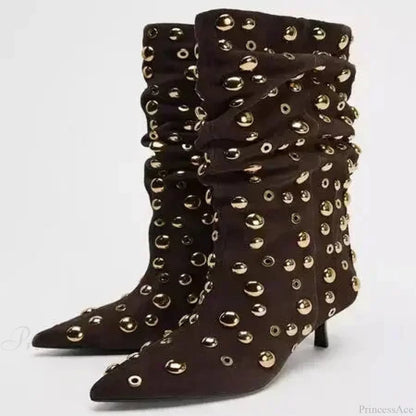Attractive Rivet Pleated Tall Heel Pointed Gothic Boot