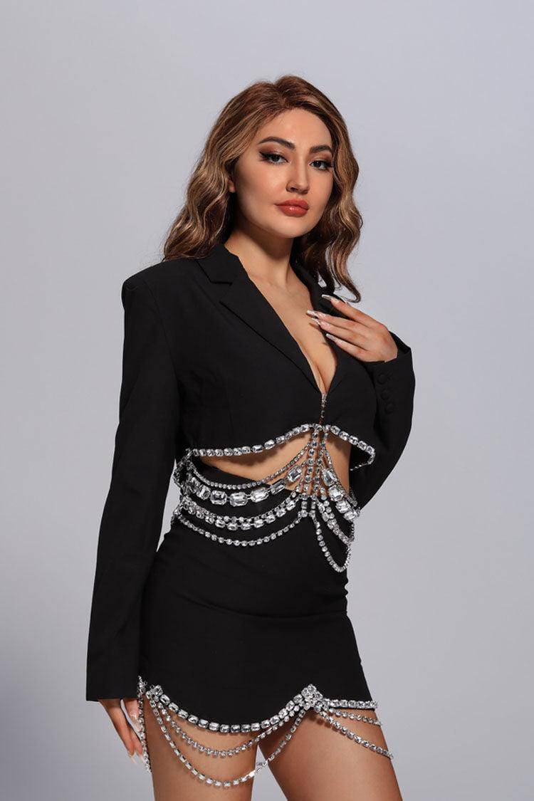 Ava Black Diamante Blazer Set