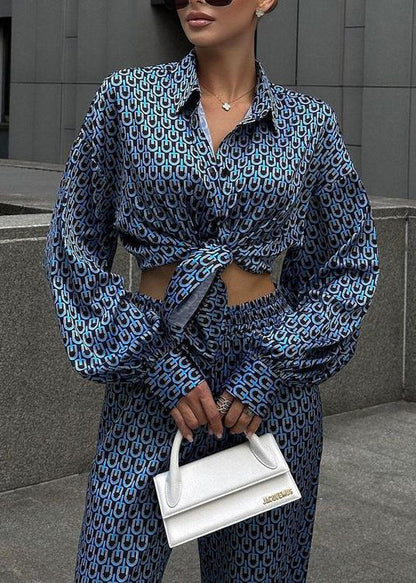 Elegant Ease - Printed Button-Up Shirt and Wide-Leg Pants Set